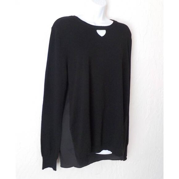 ONE A Women Large Black Top Knit Front Rayon Back Keyhole Long Sleeve Hi-LowHem - Picture 4 of 10